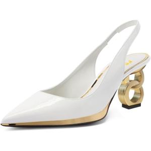 imageFSJ Women Classic Gold Chain Chunky Heel Slingback Pumps Pointed Toe Special Dressy High Heel Casual Wedding Office Shoes Size 416 USWhite