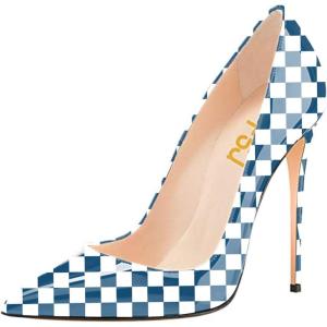 imageFSJ Women Fashion High Heel Pump Stilettos Pointy Toe Evening Party Dress Print Shoes Size 415 USBlue Plaid