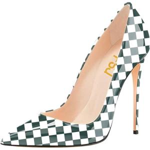 imageFSJ Women Fashion High Heel Pump Stilettos Pointy Toe Evening Party Dress Print Shoes Size 415 USGreen Plaid