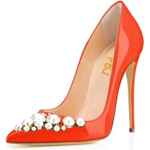 imageFSJ Women Fashion High Heel Pump Stilettos Pointy Toe Evening Party Dress Print Shoes Size 415 USOrange Pearl