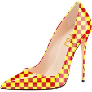 imageFSJ Women Fashion High Heel Pump Stilettos Pointy Toe Evening Party Dress Print Shoes Size 415 USYellow Plaid