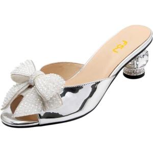 imageFSJ Women Rhinestone Bow Low Heel Mule Sandals Peep Toe Crystal Block Heel Slipper Dress Shoes for Comfort Wedding Slides Size 416 USSilver Low Heel