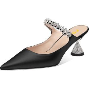 imageFSJ Women Rhinestone Cone Low Heel Mules Closed Pointed Toe One Strap Sandals Slip On Backless Bridal Party Dress Shoes Size 415 USBlack 1