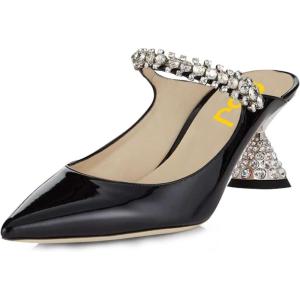 imageFSJ Women Rhinestone Cone Low Heel Mules Closed Pointed Toe One Strap Sandals Slip On Backless Bridal Party Dress Shoes Size 415 USBlack