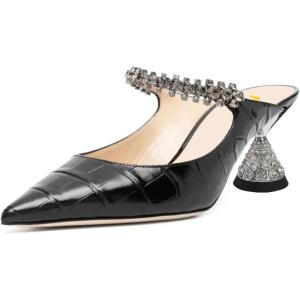 imageFSJ Women Rhinestone Cone Low Heel Mules Closed Pointed Toe One Strap Sandals Slip On Backless Bridal Party Dress Shoes Size 415 USBlack Embossing