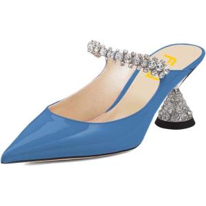 imageFSJ Women Rhinestone Cone Low Heel Mules Closed Pointed Toe One Strap Sandals Slip On Backless Bridal Party Dress Shoes Size 415 USBlue