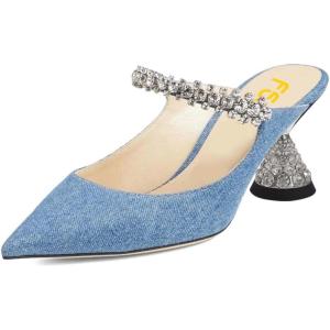 imageFSJ Women Rhinestone Cone Low Heel Mules Closed Pointed Toe One Strap Sandals Slip On Backless Bridal Party Dress Shoes Size 415 USBlue Denim