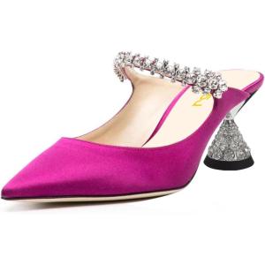 imageFSJ Women Rhinestone Cone Low Heel Mules Closed Pointed Toe One Strap Sandals Slip On Backless Bridal Party Dress Shoes Size 415 USFuchsia