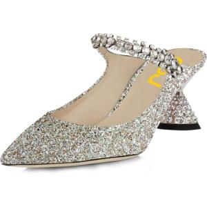 imageFSJ Women Rhinestone Cone Low Heel Mules Closed Pointed Toe One Strap Sandals Slip On Backless Bridal Party Dress Shoes Size 415 USGlitter
