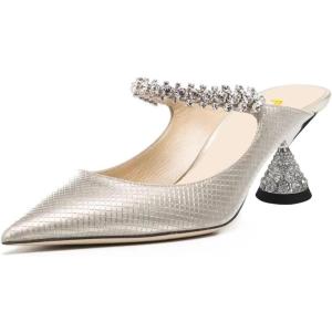 imageFSJ Women Rhinestone Cone Low Heel Mules Closed Pointed Toe One Strap Sandals Slip On Backless Bridal Party Dress Shoes Size 415 USGold Checked