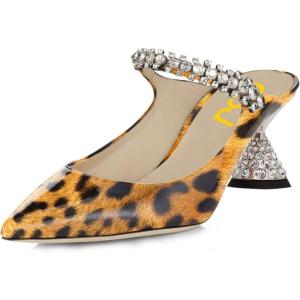 imageFSJ Women Rhinestone Cone Low Heel Mules Closed Pointed Toe One Strap Sandals Slip On Backless Bridal Party Dress Shoes Size 415 USLeopart Print