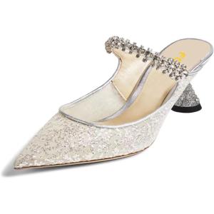 imageFSJ Women Rhinestone Cone Low Heel Mules Closed Pointed Toe One Strap Sandals Slip On Backless Bridal Party Dress Shoes Size 415 USMesh
