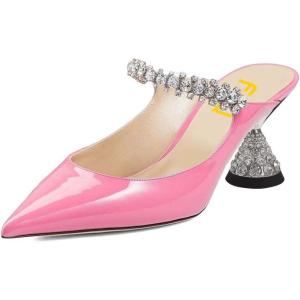 imageFSJ Women Rhinestone Cone Low Heel Mules Closed Pointed Toe One Strap Sandals Slip On Backless Bridal Party Dress Shoes Size 415 USPink