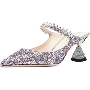 imageFSJ Women Rhinestone Cone Low Heel Mules Closed Pointed Toe One Strap Sandals Slip On Backless Bridal Party Dress Shoes Size 415 USPurple Glitter
