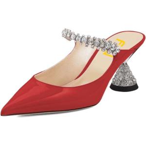 imageFSJ Women Rhinestone Cone Low Heel Mules Closed Pointed Toe One Strap Sandals Slip On Backless Bridal Party Dress Shoes Size 415 USRed