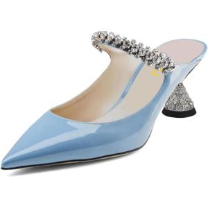 imageFSJ Women Rhinestone Cone Low Heel Mules Closed Pointed Toe One Strap Sandals Slip On Backless Bridal Party Dress Shoes Size 415 USSky Blue