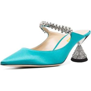 imageFSJ Women Rhinestone Cone Low Heel Mules Closed Pointed Toe One Strap Sandals Slip On Backless Bridal Party Dress Shoes Size 415 USTurquoise