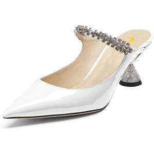 imageFSJ Women Rhinestone Cone Low Heel Mules Closed Pointed Toe One Strap Sandals Slip On Backless Bridal Party Dress Shoes Size 415 USWhite