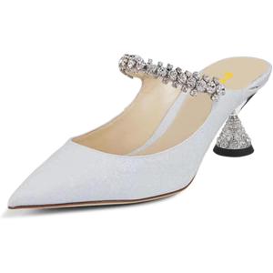 imageFSJ Women Rhinestone Cone Low Heel Mules Closed Pointed Toe One Strap Sandals Slip On Backless Bridal Party Dress Shoes Size 415 USWhite Glitter