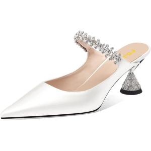 imageFSJ Women Rhinestone Cone Low Heel Mules Closed Pointed Toe One Strap Sandals Slip On Backless Bridal Party Dress Shoes Size 415 USWhite Lustrous Leather