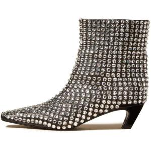 imageFSJ Women Square Toe Comfort Kitten Low Heel Ankle Boot Pull On Bootie Winter Faux Suede Casual Dressy Shoes Size 416 USBlack Rhinestone