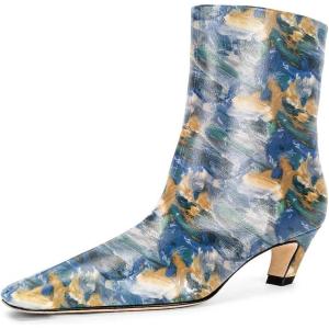 imageFSJ Women Square Toe Comfort Kitten Low Heel Ankle Boot Pull On Bootie Winter Faux Suede Casual Dressy Shoes Size 416 USBlue Paint