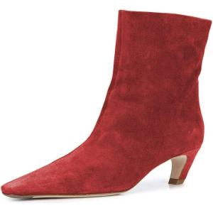 imageFSJ Women Square Toe Comfort Kitten Low Heel Ankle Boot Pull On Bootie Winter Faux Suede Casual Dressy Shoes Size 416 USRed