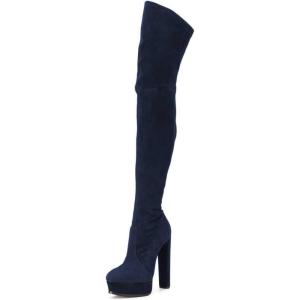 imageFSJ Sexy Thigh High Long Boots Over The Knee Platform Thick High Heel Stretch Leather Shoes Size 415 USNavy Blue