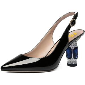 imageFSJ Women Closed Pointed Toe Crystal Block Chunky Mid Heel Slingback Pumps Backless Sleek Fashion Office Wedding Dress Shoes Size 416 USBlack Blue Heel