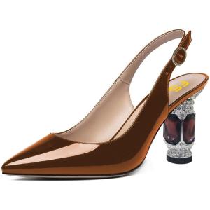 imageFSJ Women Closed Pointed Toe Crystal Block Chunky Mid Heel Slingback Pumps Backless Sleek Fashion Office Wedding Dress Shoes Size 416 USBrown