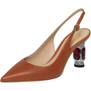 imageFSJ Women Closed Pointed Toe Crystal Block Chunky Mid Heel Slingback Pumps Backless Sleek Fashion Office Wedding Dress Shoes Size 416 USBrown Matte Leather