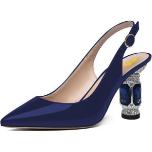 imageFSJ Women Closed Pointed Toe Crystal Block Chunky Mid Heel Slingback Pumps Backless Sleek Fashion Office Wedding Dress Shoes Size 416 USDark Blue