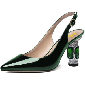 imageFSJ Women Closed Pointed Toe Crystal Block Chunky Mid Heel Slingback Pumps Backless Sleek Fashion Office Wedding Dress Shoes Size 416 USGreen