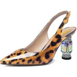 imageFSJ Women Closed Pointed Toe Crystal Block Chunky Mid Heel Slingback Pumps Backless Sleek Fashion Office Wedding Dress Shoes Size 416 USLeopard Print