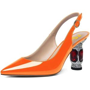 imageFSJ Women Closed Pointed Toe Crystal Block Chunky Mid Heel Slingback Pumps Backless Sleek Fashion Office Wedding Dress Shoes Size 416 USOrange