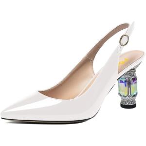 imageFSJ Women Closed Pointed Toe Crystal Block Chunky Mid Heel Slingback Pumps Backless Sleek Fashion Office Wedding Dress Shoes Size 416 USWhite