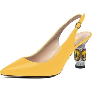 imageFSJ Women Closed Pointed Toe Crystal Block Chunky Mid Heel Slingback Pumps Backless Sleek Fashion Office Wedding Dress Shoes Size 416 USYellow