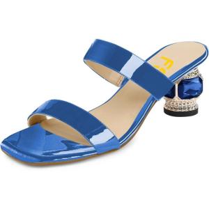 imageFSJ Women Comfy Low Heels Sandals Block Crystal Square Open Toe Two Straps Mules Slip On Shiny Bridal Casual Dress Shoes Size 415 USBlue