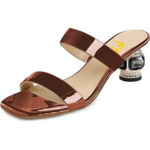 imageFSJ Women Comfy Low Heels Sandals Block Crystal Square Open Toe Two Straps Mules Slip On Shiny Bridal Casual Dress Shoes Size 415 USBrown