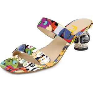 imageFSJ Women Comfy Low Heels Sandals Block Crystal Square Open Toe Two Straps Mules Slip On Shiny Bridal Casual Dress Shoes Size 415 USCartoon