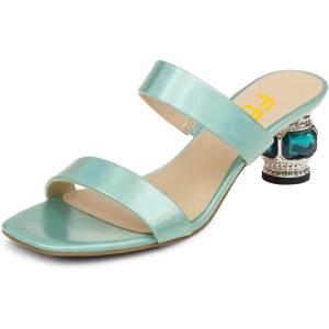 imageFSJ Women Comfy Low Heels Sandals Block Crystal Square Open Toe Two Straps Mules Slip On Shiny Bridal Casual Dress Shoes Size 415 USGreen