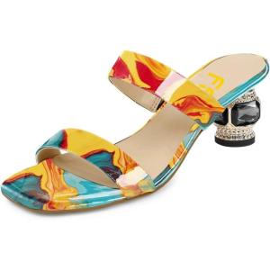 imageFSJ Women Comfy Low Heels Sandals Block Crystal Square Open Toe Two Straps Mules Slip On Shiny Bridal Casual Dress Shoes Size 415 USPainting