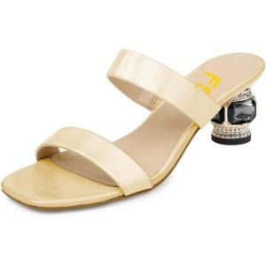 imageFSJ Women Comfy Low Heels Sandals Block Crystal Square Open Toe Two Straps Mules Slip On Shiny Bridal Casual Dress Shoes Size 415 USPale Yellow