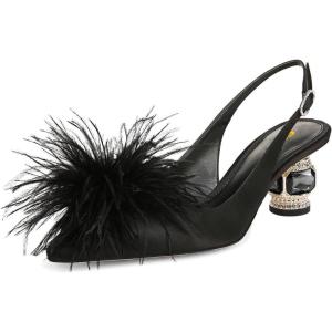 imageFSJ Women Fashion Fur Fur Closed Square Toe Slingback Pumps Crystal Block Low Heel Fuzzy Party Prom Dress Shoes Size 416 USBlack