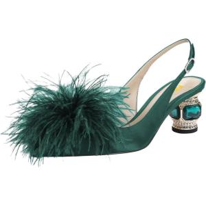 imageFSJ Women Fashion Fur Fur Closed Square Toe Slingback Pumps Crystal Block Low Heel Fuzzy Party Prom Dress Shoes Size 416 USBottle Green