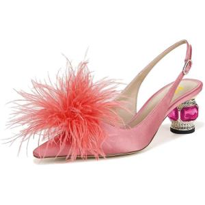 imageFSJ Women Fashion Fur Fur Closed Square Toe Slingback Pumps Crystal Block Low Heel Fuzzy Party Prom Dress Shoes Size 416 USPink