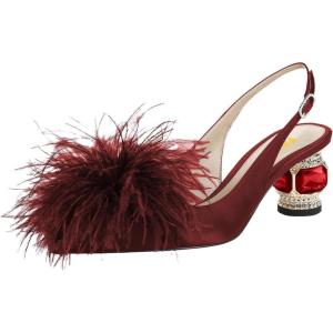 imageFSJ Women Fashion Fur Fur Closed Square Toe Slingback Pumps Crystal Block Low Heel Fuzzy Party Prom Dress Shoes Size 416 USWine Red
