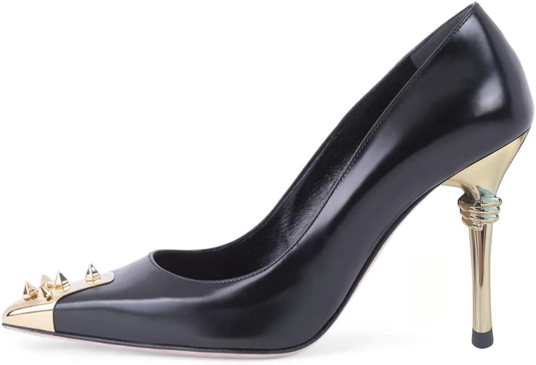 imageFSJ Women Chic Metallic Rivets Pointed Toe Slip On Pumps High Stiletto Gold Heels Party Cocktail Prom Shoes 415 USBlack