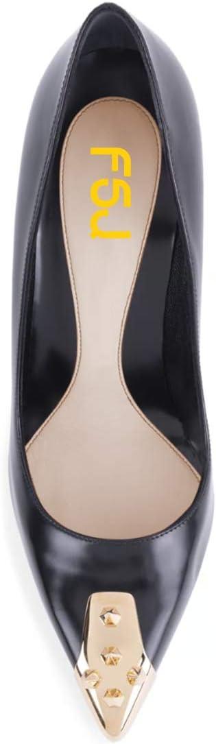 imageFSJ Women Chic Metallic Rivets Pointed Toe Slip On Pumps High Stiletto Gold Heels Party Cocktail Prom Shoes 415 USBlack