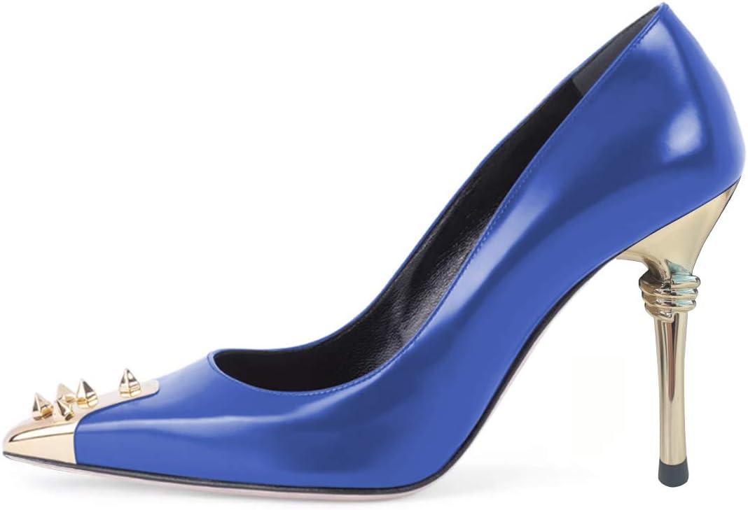 imageFSJ Women Chic Metallic Rivets Pointed Toe Slip On Pumps High Stiletto Gold Heels Party Cocktail Prom Shoes 415 USBlue